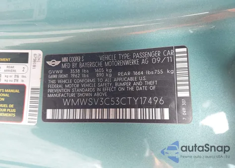 2012 Mini Cooper S z USA, uszkodzony, nr VIN WMWSV3C53CTY17496